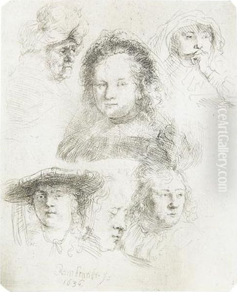 Sheet Of Studies: Head Of Saskia And Others. Oil Painting by Harmenszoon van Rijn Rembrandt