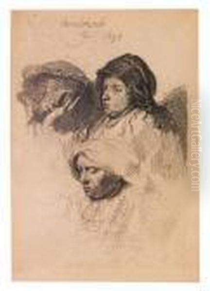 Three Heads Of Women, One Asleep. Oil Painting by Harmenszoon van Rijn Rembrandt