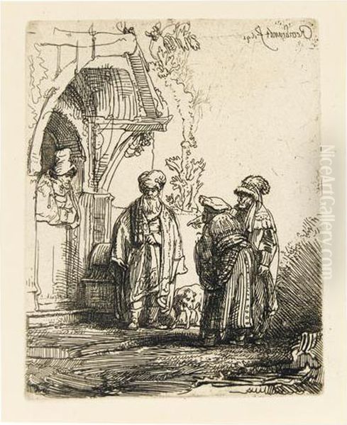 Three Oriental Figures (jacob And Laban ?). Oil Painting by Harmenszoon van Rijn Rembrandt