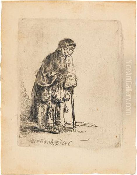 Beggar Woman Leaning On A Stick. Oil Painting by Harmenszoon van Rijn Rembrandt