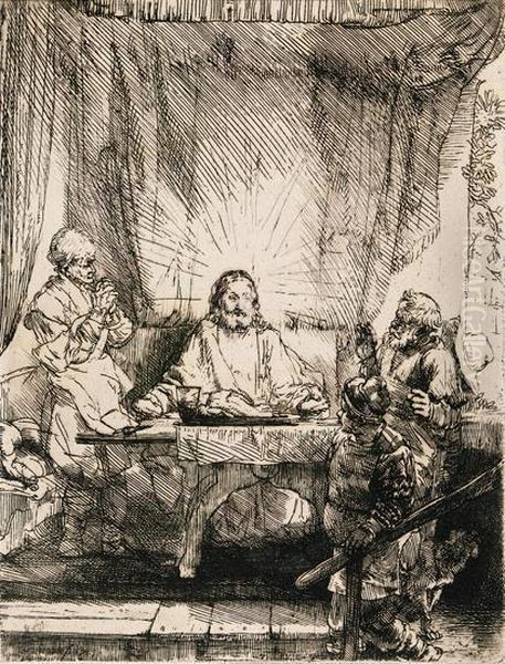 Christ At Emmaus: The Larger Plate. Oil Painting by Harmenszoon van Rijn Rembrandt