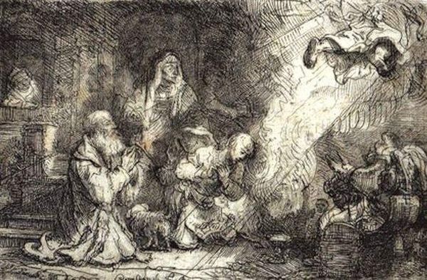 L'ange Qui Disparait Devant La Famille De Tobie Oil Painting by Harmenszoon van Rijn Rembrandt