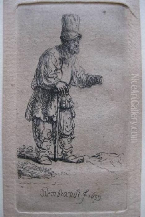 Peasant In A High Cap Leaning On A Stick Oil Painting by Harmenszoon van Rijn Rembrandt