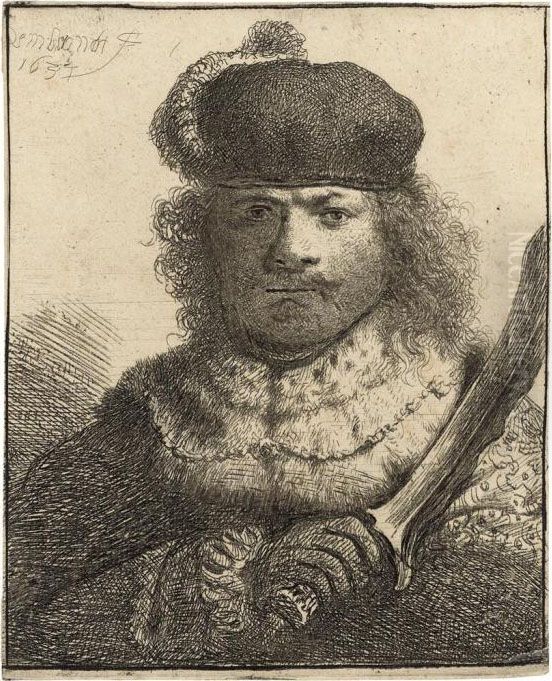 Self-portrait With A Raised Sabre Oil Painting by Harmenszoon van Rijn Rembrandt