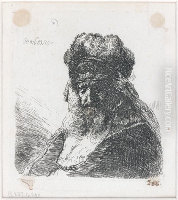 Vieil Homme Barbu En Haut Chapeau De Fourrure, Les Yeux Fermes Oil Painting by Harmenszoon van Rijn Rembrandt