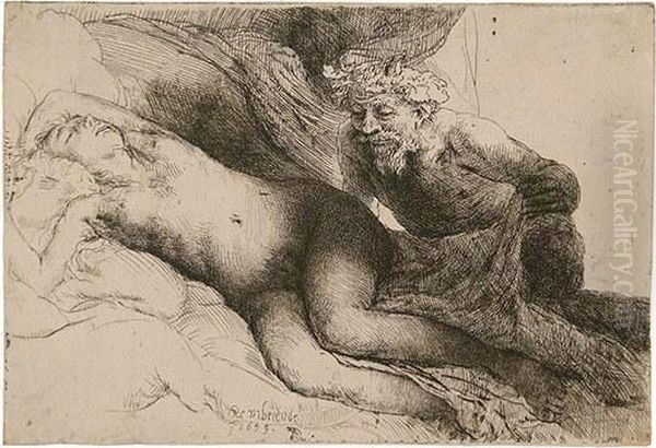 Jupiter And Antiope: The Larger Plate Oil Painting by Harmenszoon van Rijn Rembrandt