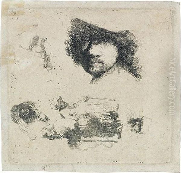 Sheet Of Studies: Head Of The Artist, A Beggar Couple Oil Painting by Harmenszoon van Rijn Rembrandt