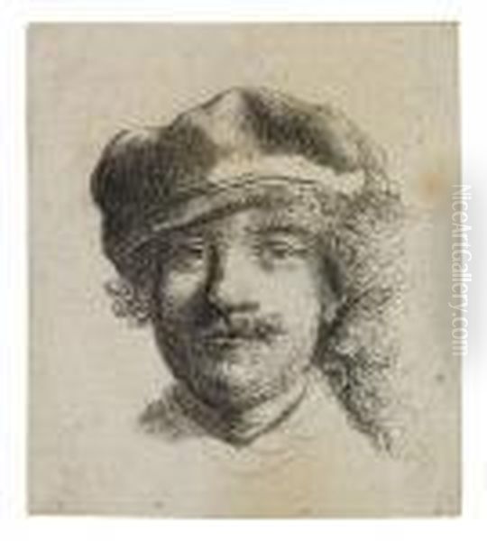 Self Portrait Wearing A Soft Cap: Full Face, Headonly Oil Painting by Harmenszoon van Rijn Rembrandt