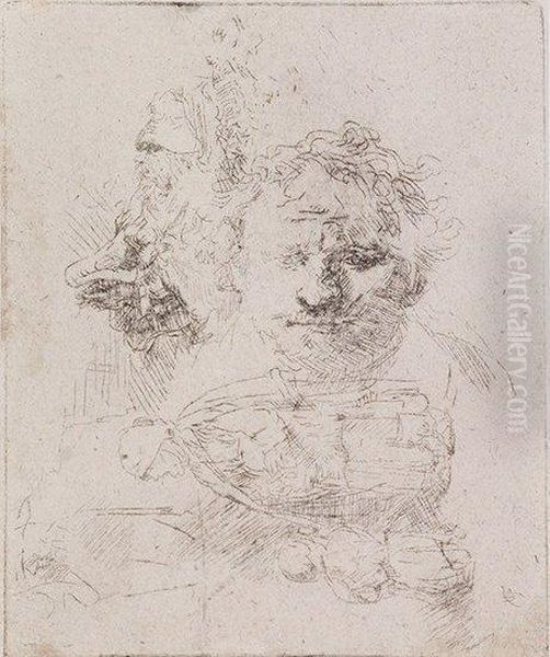 A Sheet Of Studies With The Head Of The Artist Oil Painting by Harmenszoon van Rijn Rembrandt