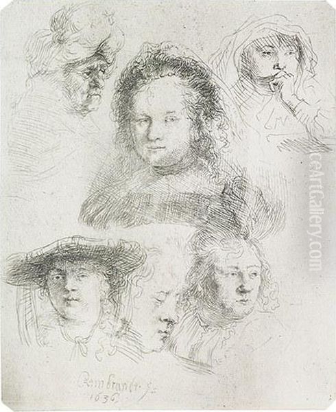 Sheet Of Studies: Head Of Saskia And Others Oil Painting by Harmenszoon van Rijn Rembrandt