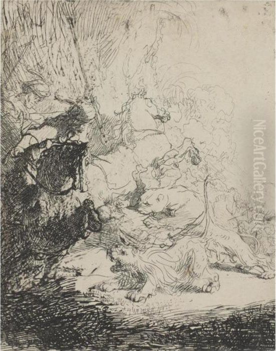 The Small Lion Hunt (with Two Lions) (b., Holl. 115; H. 180;bb.41-3) Oil Painting by Harmenszoon van Rijn Rembrandt