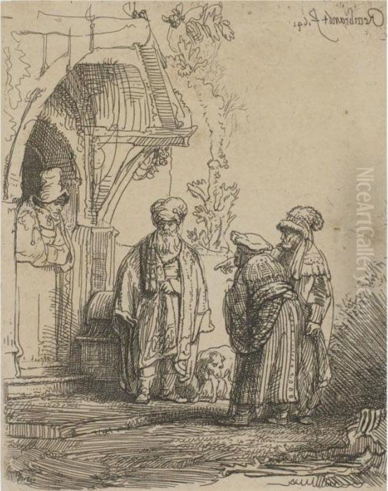 Three Oriental Figures (jacob And Laban?) (b., Holl. 118; H. 183;bb.41-f) Oil Painting by Harmenszoon van Rijn Rembrandt