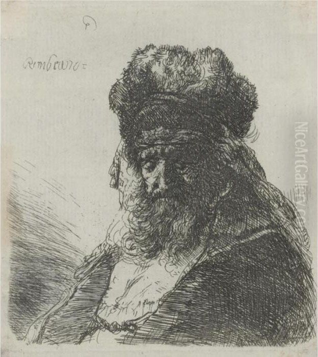 Old Bearded Man In A High Fur Cap, With Eyes Closed (b., Holl.290; H. 130; Bb.35-3) Oil Painting by Harmenszoon van Rijn Rembrandt