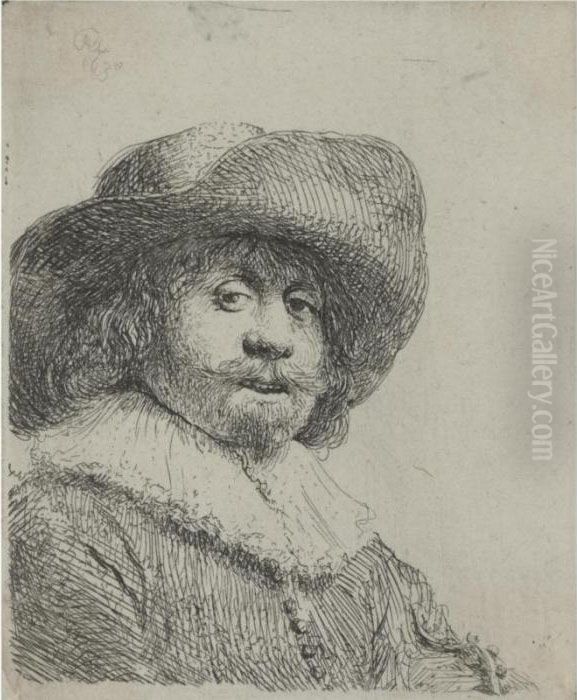 Man In A Broad-brimmed Hat (b., Holl. 311; H. 158; Bb.38-c) Oil Painting by Harmenszoon van Rijn Rembrandt