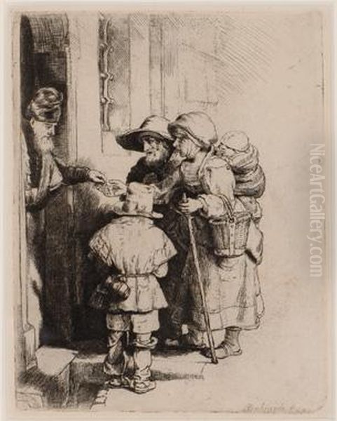 Begging Family Acceptingalms On A Doorstep Oil Painting by Harmenszoon van Rijn Rembrandt