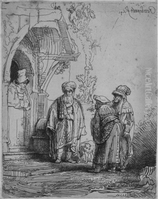 Three Oriental Figures (jacob And Laban?) (b. 118, Holl. 118, H.183, Bb. 41-f) Oil Painting by Harmenszoon van Rijn Rembrandt