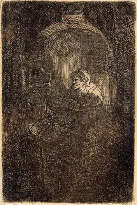Mujer En La Puerta Hablando Con Hombre Y Ninos,1641 Oil Painting by Harmenszoon van Rijn Rembrandt