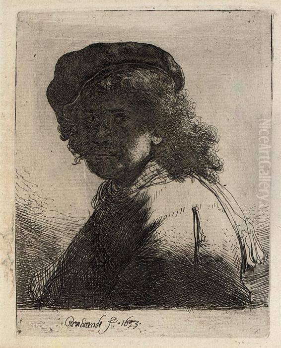 Self-portrait In A Cap And Scarf With The Face Dark, Bust (b.,holl. 17; H. 108) Oil Painting by Harmenszoon van Rijn Rembrandt