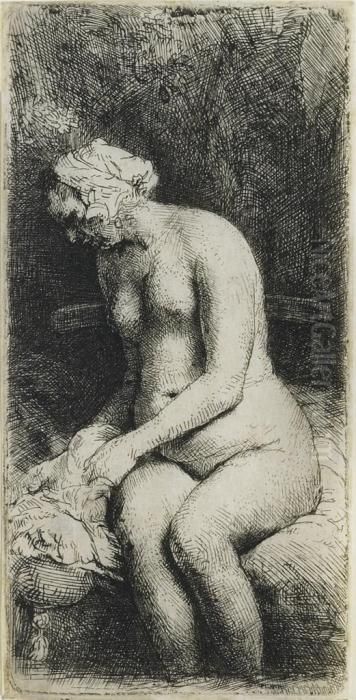 Woman Bathing Her Feet At A Brook (b., Holl. 200; H. 298) Oil Painting by Harmenszoon van Rijn Rembrandt