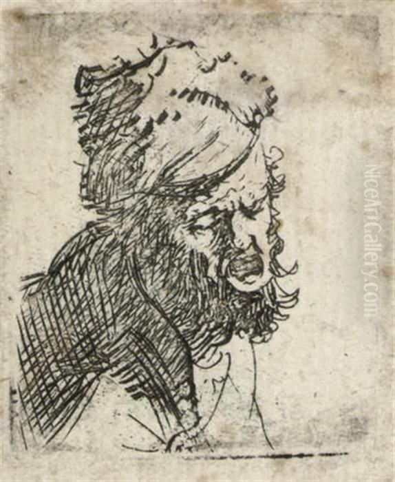 Head Of A Man In A Fur Cap, Crying Out (b., Holl. 327; H. 37) Oil Painting by Harmenszoon van Rijn Rembrandt