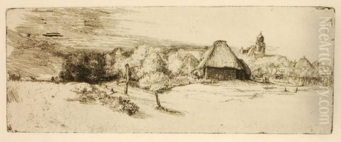 Landschaft Mit Baumen, Bauernhausern Und Turm Oil Painting by Harmenszoon van Rijn Rembrandt