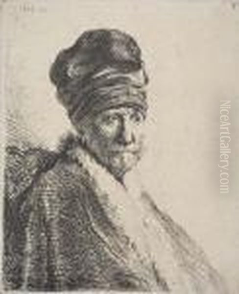 Bust Of A Man Wearing A High Cap, Three-quarters Right: Theartist's Father Oil Painting by Harmenszoon van Rijn Rembrandt