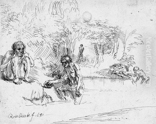 Die Badenden Manner Oil Painting by Harmenszoon van Rijn Rembrandt