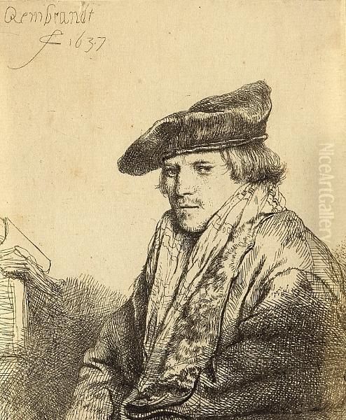 Young Man In A Velvet Cap, With Booksbeside Him Oil Painting by Harmenszoon van Rijn Rembrandt
