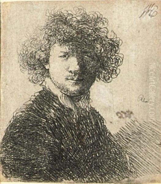 Self Portrait With Curly Hair And White Collar: Bust (b., Holl. 1; Hind 33) Oil Painting by Harmenszoon van Rijn Rembrandt