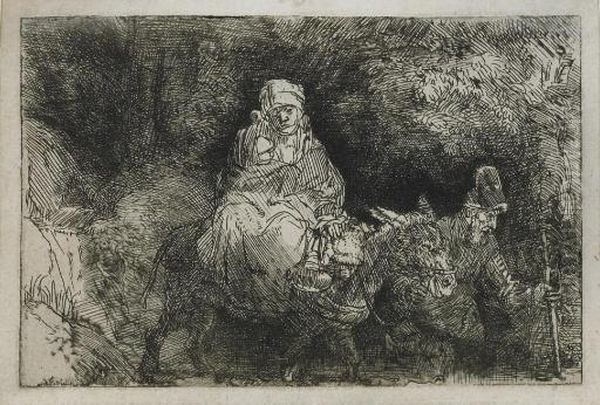 Flight To Egypt: Crossing A Brook (b., Holl. 55; H. 276) Oil Painting by Harmenszoon van Rijn Rembrandt