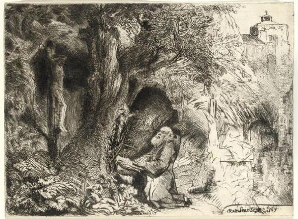 Saint Francis Beneath A Tree Praying (b. Holl. 107; H. 292) Oil Painting by Harmenszoon van Rijn Rembrandt