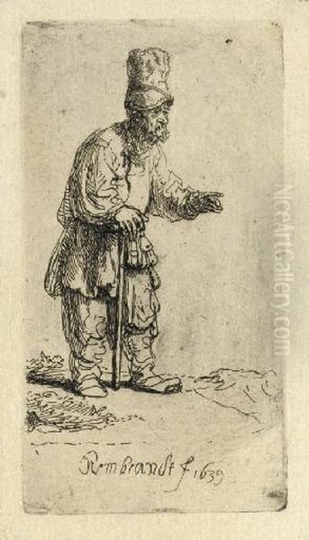 A Peasant In A High Cap, Standing Leaning On A Stick (b., Holl. 133; H. 164) Oil Painting by Harmenszoon van Rijn Rembrandt