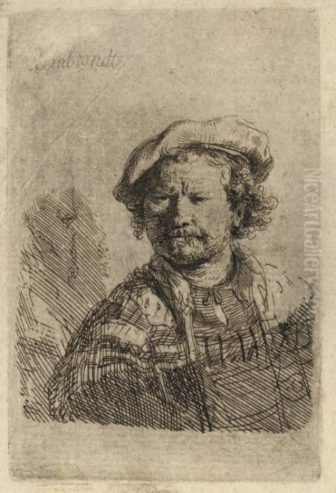 Self-portrait In A Flat Cap And Embroidered Dress Oil Painting by Harmenszoon van Rijn Rembrandt