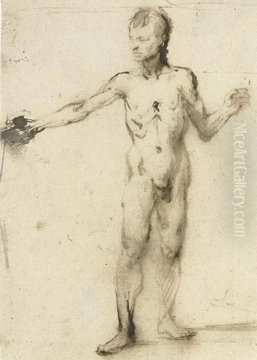 A Standing Nude Gesturing To The Right Oil Painting by Harmenszoon van Rijn Rembrandt