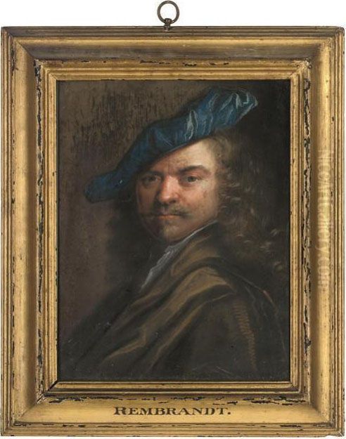 Portrait Of A Gentleman, Bust-length, In A Blue Hat And Maroon Wrap Oil Painting by Harmenszoon van Rijn Rembrandt