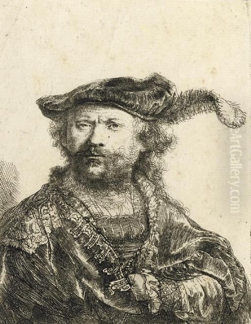 Self-portrait In A Velvet Cap With Plume (b., Holl. 20; H. 156) Oil Painting by Harmenszoon van Rijn Rembrandt