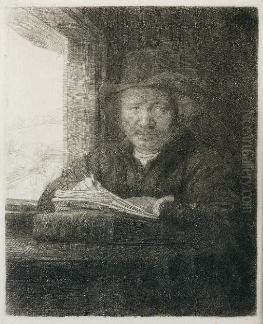 Self-portrait Drawing At A Window (b., Holl. 22; H. 229) Oil Painting by Harmenszoon van Rijn Rembrandt