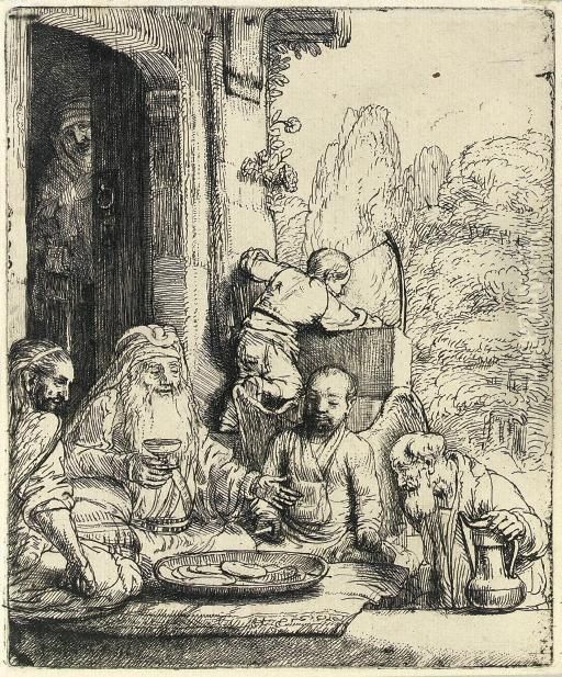Abraham Entertaining The Angels (b., Holl. 29; H. 286) Oil Painting by Harmenszoon van Rijn Rembrandt