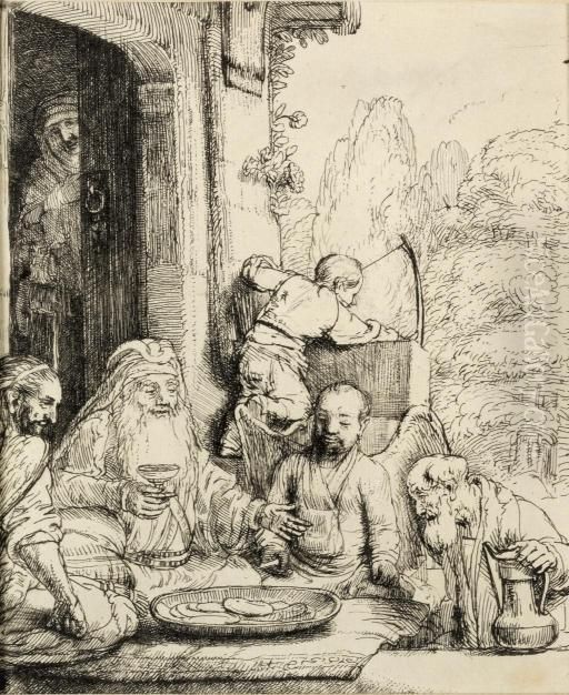Abraham Entertaining The Angels (b., Holl. 29; H. 286) Oil Painting by Harmenszoon van Rijn Rembrandt