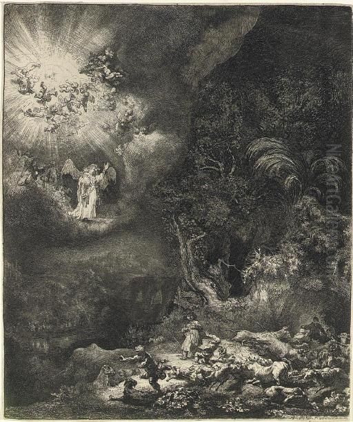 The Angel Appearing To The Shepherds (b., Holl. 44; H. 120) Oil Painting by Harmenszoon van Rijn Rembrandt
