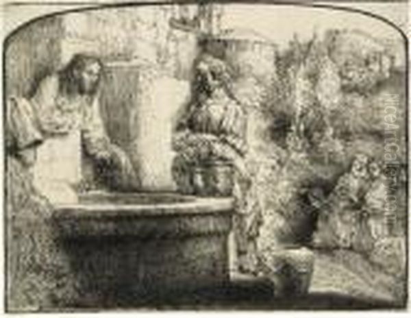 Christ And The Woman Of Samaria: An Arched Print (b., Holl. 70; H. 294) Oil Painting by Harmenszoon van Rijn Rembrandt
