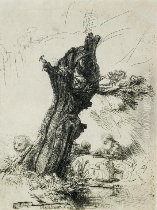 Saint Jerome Beside A Pollard Willow (b., Holl. 103; H. 232) Oil Painting by Harmenszoon van Rijn Rembrandt
