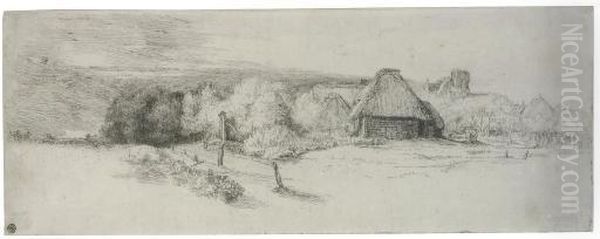 Landscape With Trees, Farm Buildings And A Tower (b., Holl. 223; H. 244) Oil Painting by Harmenszoon van Rijn Rembrandt