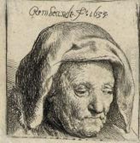 The Artist's Mother In A Cloth 
Headdress, Looking Down: Head Only (b., Holl. 351; H. 107) Oil Painting by Harmenszoon van Rijn Rembrandt