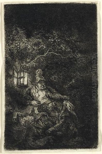 The Rest On The Flight Into Egypt: A Night Piece (b., Holl. 57; H. 208) Oil Painting by Harmenszoon van Rijn Rembrandt