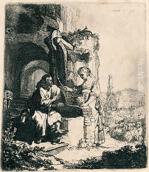 Christ And The Woman Of Samaria: Among Ruins Oil Painting by Harmenszoon van Rijn Rembrandt