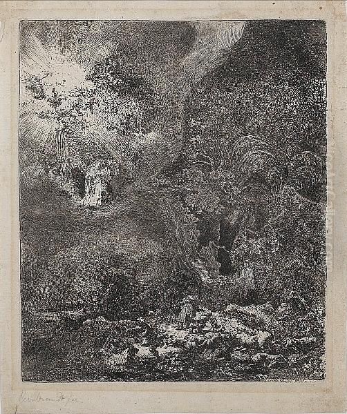 The Angel Appearing To The Shepherds (bartsch 44) Oil Painting by Harmenszoon van Rijn Rembrandt