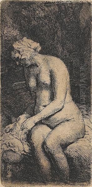 Woman Bathing Her Feet At A Brook (bartsch 200) Oil Painting by Harmenszoon van Rijn Rembrandt