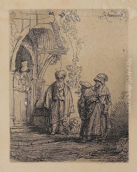 Three Oriental Figures (jacob And Laban?) (bartsch 118) Oil Painting by Harmenszoon van Rijn Rembrandt