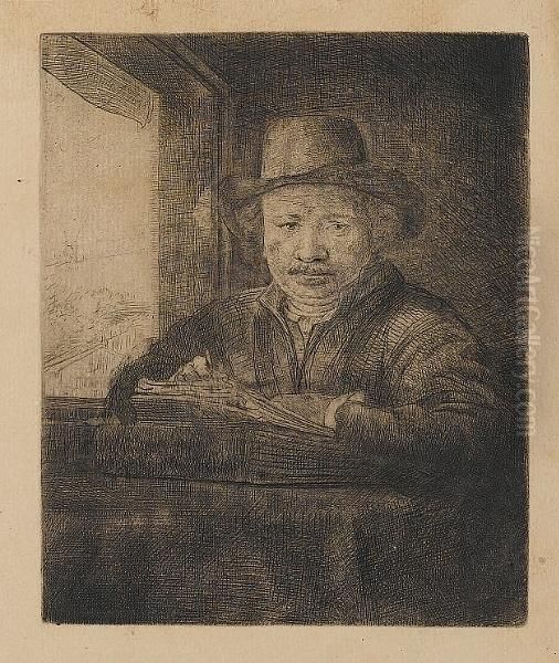Self Portrait Drawing At A Window Oil Painting by Harmenszoon van Rijn Rembrandt